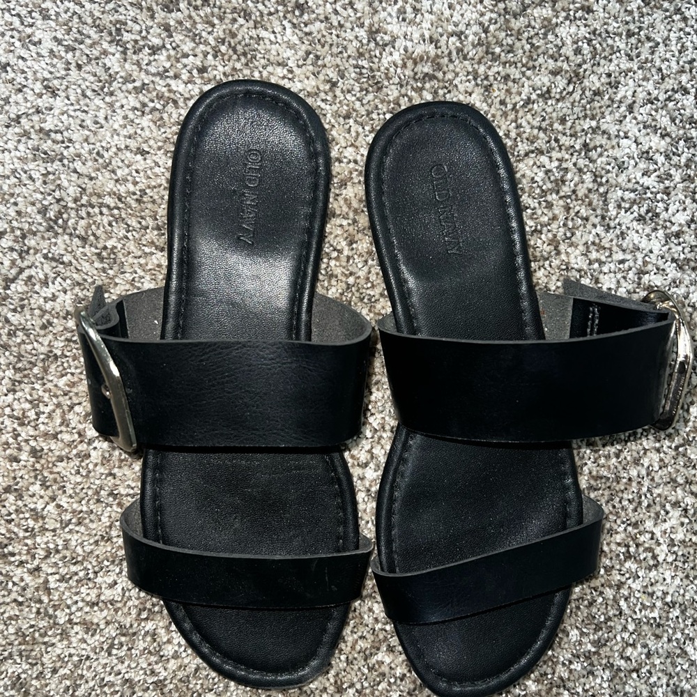 Black Leather Slide Sandals